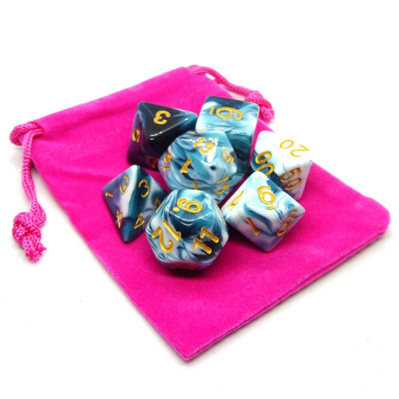 7 Piece Turquoise Marble Polyhedral Dice Set w/ Turquoise Bag - Viridian Vigor e